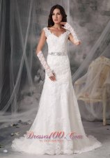 Sexy A-Line / Princess V-Neck Court Train Organza Appliques Wedding Dress