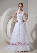 Modest A-line Straps Court Train Lace Beading Wedding Dress