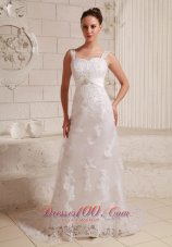 Luxurious Straps Column Lace and Satin Beach Wedding Dress With Beading Brush Train