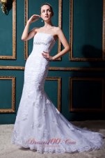 Modest Mermaid Strapless Brush Train Lace Beading Wedding Dress