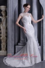 White Mermaid High-neck Brush Lace and Satin Beading Wedding Dress