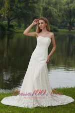 Classical Column / Sheath Strapless Court Train Lace Wedding Dress