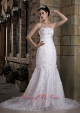 Fashionable Mermaid Strapless Chapel Train Taffeta and Lace Beading Wedding Dress