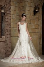 Beauty Mermaid Straps Chapel Train Tulle and Taffeta Lace Wedding Dress