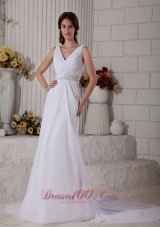 New Column V-neck Beach Wedding Dress Court Train Chiffon Ruch and Beading