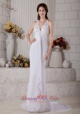 Impression Mermaid V-neck Lace and Beading Wedding Dress Brush Train Chiffon