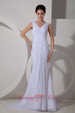 Custom Made Column V-neck Wedding Dress Court Train Chiffon Ruch