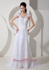 Customize Wedding Dress Column V-neck Beading Court Train Lace