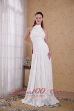 White Empire High-neck Floor-length Chiffon Pleat Prom Dress