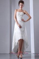 Sexy Column Strapless High-low Elastic Wove Satin and Lace Wedding Dress