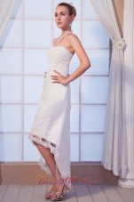 Popular Column Strapless High-low Satin Lace Wedding Dress