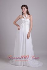 Formal Empire Halter Brush Train Chiffon Beading Beach Wedding Dress