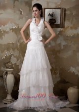 Pretty A-line Halter Wedding Dress Court Train Taffeta and Organza Hand Made Flower