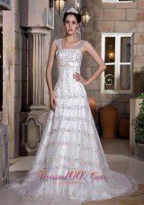 Fabulous A-line Straps Court Train Taffeta and Lace Beading Wedding