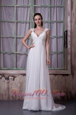 Latest Empire V-neck Wedding Dress Chiffon Appliques Brush Train