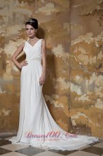 Simple Column V-neck Court Train Chiffon Beading Wedding Dress