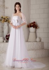 Gorgeous A-line Strapless Maternity Wedding Dress Brush Train Tulle Bow
