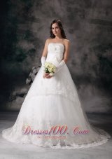Customize A-line Strapless Wedding Dress Taffeta Lace Hand Made Flowers Court Train