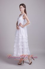 White Empire One Shoulder Ankle-length Chiffon Ruffles Wedding Dress