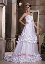 Cute A-line Sweetheart Sweep Train Taffeta and Tulle Hand Made Flowers and Bow Wedding Dress