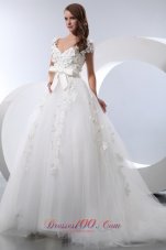 Pretty A-line V-neck Chapel Train Taffeta and Tulle Hnad Made Flowers Low Cost Wedding Dress