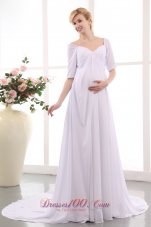 Simple Empire V-neck Maternity Wedding Dress Court Train Chiffon Ruch