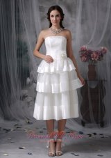 Beautiful Empire Strapless Tea-length Organza Hand Made Flower Wedding Dress