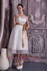 Custom Made Column / Sheath Sweetheart Short Wedding Dress Lace and Organza Beading Tea-length