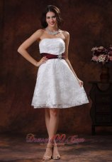 Lace Over Shirt Elegant Short Wedding Dress With Wine Red Belt In Selma Alabama