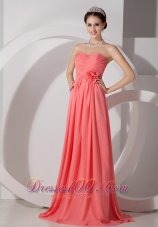 2013 The Brand New Style Watermelon Empire Sweetheart Prom Dress Chiffon Ruch and Hand Made Flowers Brush Train