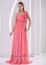 2013 Customize Watermelon Hand Made Flowers One Shoulder Prom Celebrity Dress With Ruch Bodice