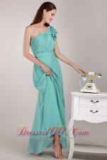 2013 Turquoise Column / Sheath One Shoulder Floor-length Chiffon Ruch Bridesmaid Dress