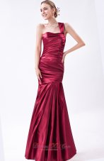 2013 Wine Red Mermaid One Shoulder Prom Dress Taffeta Ruch Floor-length