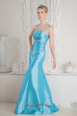 2013 Aqua Blue Junior Prom Dress Mermaid Straps Beading Brush Train Satin