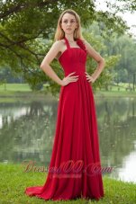 2013 Red Empire Halter Brush Train Chiffon Ruch Prom Dress