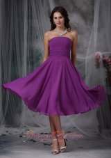 2013 Purple Empire Strapless Tea-length Chiffon Ruch Prom Dress