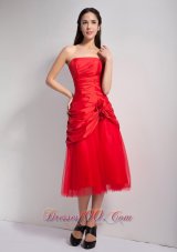 Cheap Customize Red A-line Strapless Hand Made Flowers Bridesmaid Dress Tea-length Taffeta and Tulle