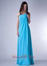 Cheap Customize Teal Empire Strapless Bridesmaid Dress Chiffon Hand Made Fowers Floor-length