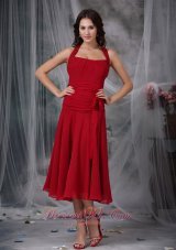 Cheap Wine Red Column Halter Tea-length Chiffon Ruch Prom Dress