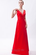 Cheap Red Column V-neck Floor-length Taffeta Ruch Bridesmaid Dress