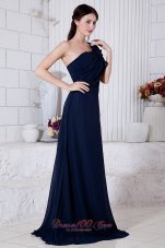 Cheap Navy Blue Empire One Shoulder Ruch Prom / Evening Dress Brush Train Chiffon