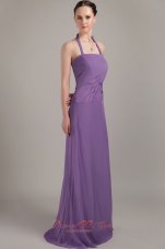 Cheap Purple Column Halter Brush Train Chiffon Ruch Bridesmaid Dress