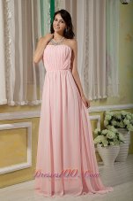 Cheap Pretty Baby Pink Bridesmaid Dress Empire Strapless Chiffon Ruch Brush Train