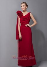 Wine Red Column V-neck Floor-length Chiffon Hand Made Flower Mother Of The Bride Dress