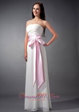 Custom Made White and Baby Pink Sash Empire Strapless Bridesmaid Dress Chiffon Ruch Floor-length