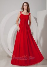 Inexpensive Red Empire Straps Prom Dress Chiffon Ruch Floor-length