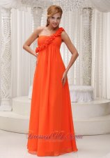 Hand Made Flowers Decorate One Shoulder Orange Chiffon Empire Floor-length For Bridesamid Dress