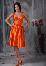 Orange Red Column V-neck Knee-length Taffeta Ruch Prom Dress