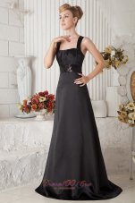 Black A-line Straps Brush Train Satin Beading Prom Dress