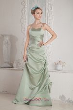 Apple Green Column Straps Brush Train Satin Beading Prom Dress
